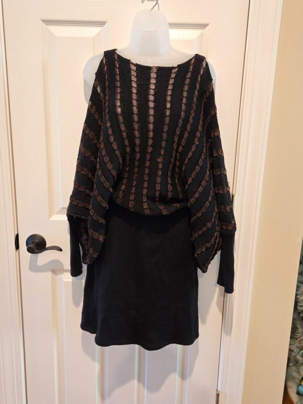 Andrea Mihalyffy Vintage 90s Knitwear Kimono Black & Brown Long Sleeve Dress